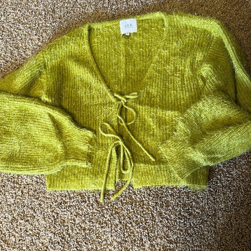 J.O.A. Chartreuse Tie-Front Fuzzy Knit Cardigan